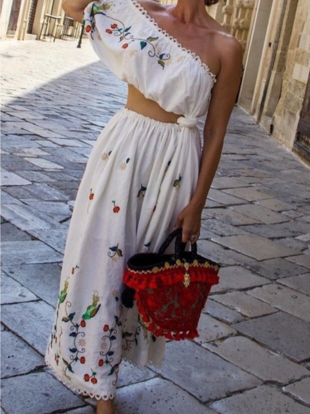 FARM Rio White One-Shoulder Embroidered Maxi Dress with Multicolor Floral Motif